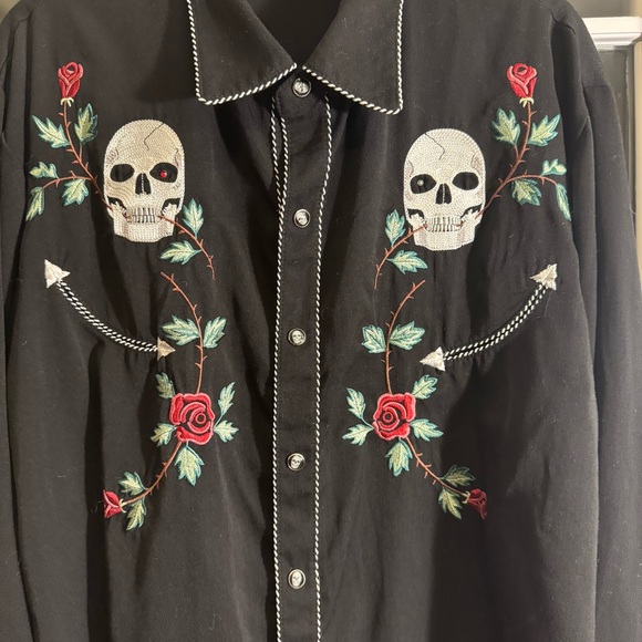 Vintage Scully Skull Rose Western Embroidered Pearl Snap Black Button Up Size L - Picture 6 of 15